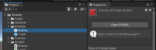 Enemy in Assets with “Open Prefab” in Inspector